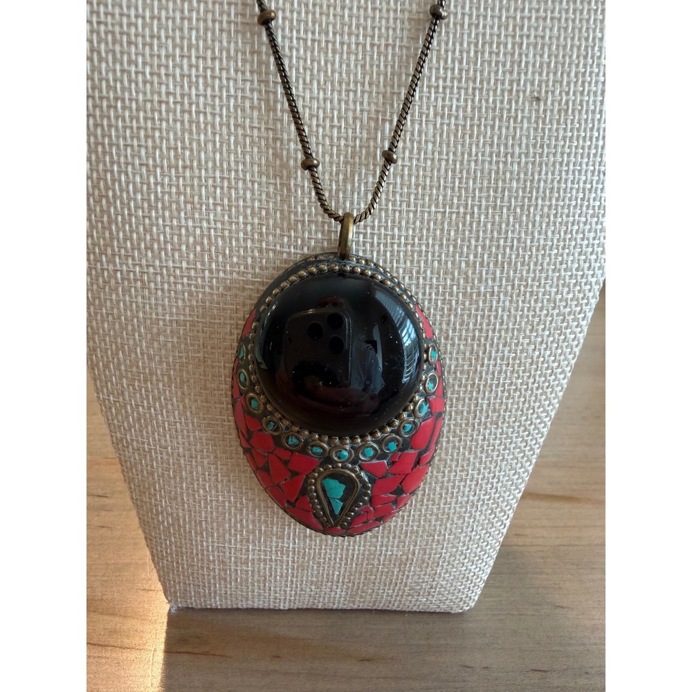 Boho Festival Whimsygoth Statement Necklace Red Black Turquoise Mosaic Pendant